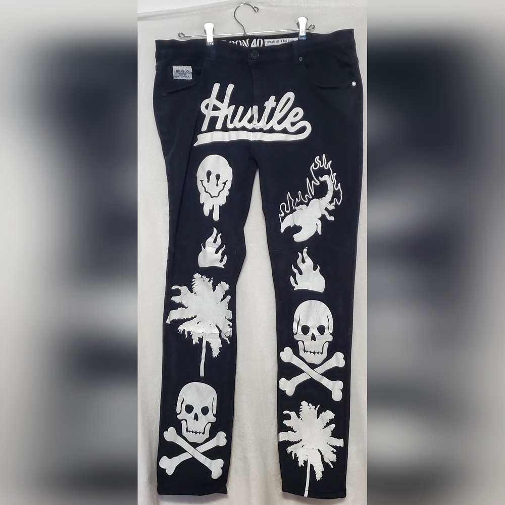 REASON Graphic Black Denim Size 40